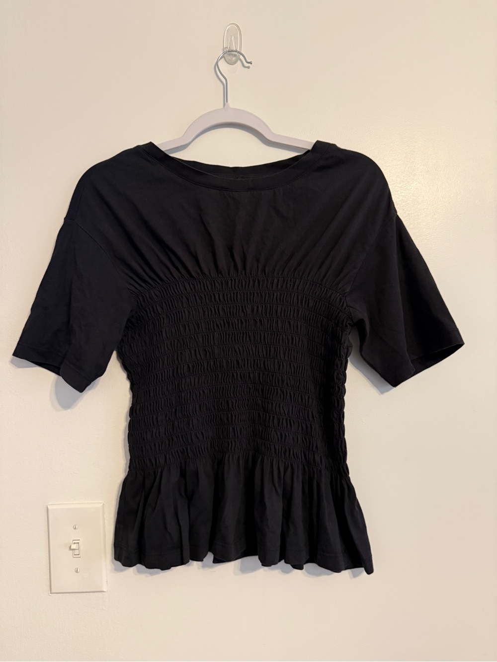 Black Smocked Peplum Short-Sleeve Blouse